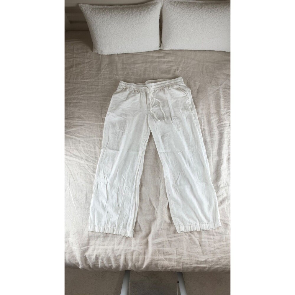 ld Navy Linen Blend Pants Womens Medium White Pull On Drawstring Wide Leg Crop